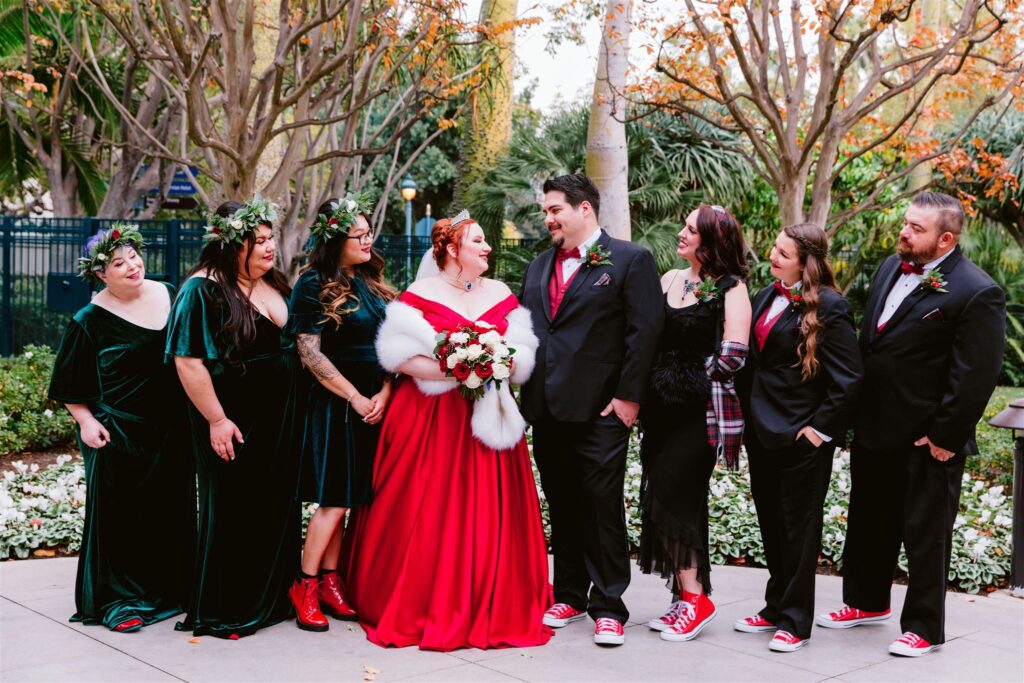 disneyland wedding bride in custom red wedding dress