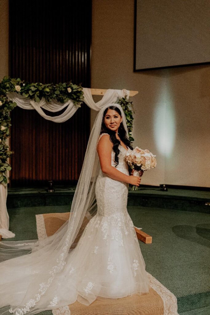 real curvy bride in lace mermaid wedding dress long beach california