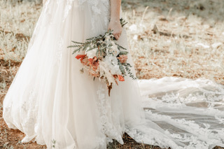 bride wearing lace and tulle aline wedding dress in flagstaff, arizona woods