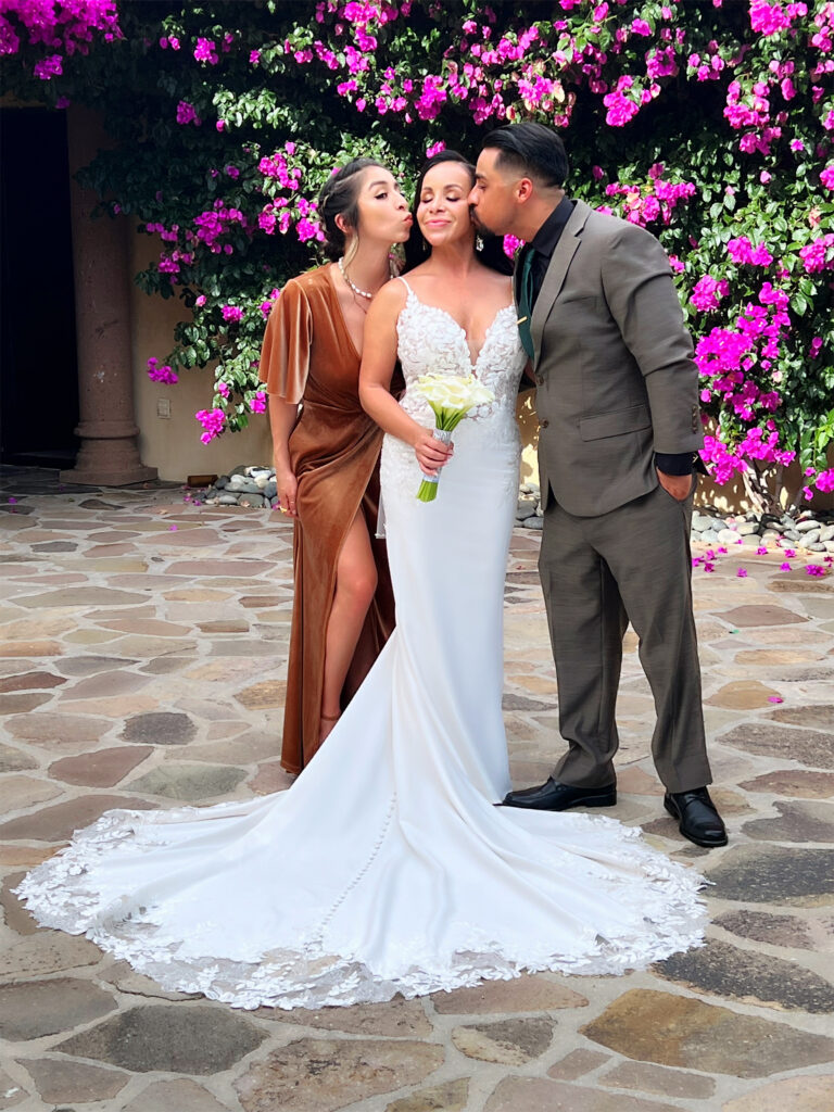 bride wearing sexy crepe beach wedding dress mexico wedding with family