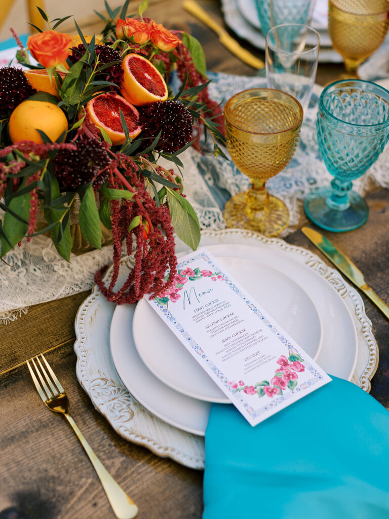 bright color wedding dishes with colorful floral decor phoenix arizona