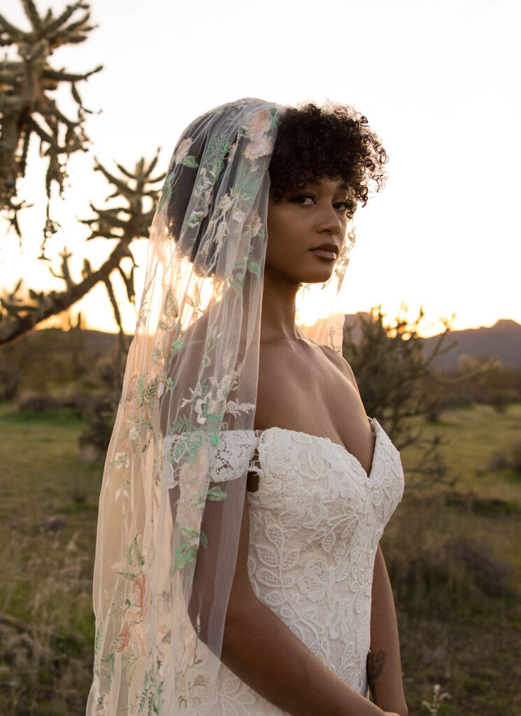 unique floral emrboirdered colorful wedding veil chandler arizona long beach california bridal shop