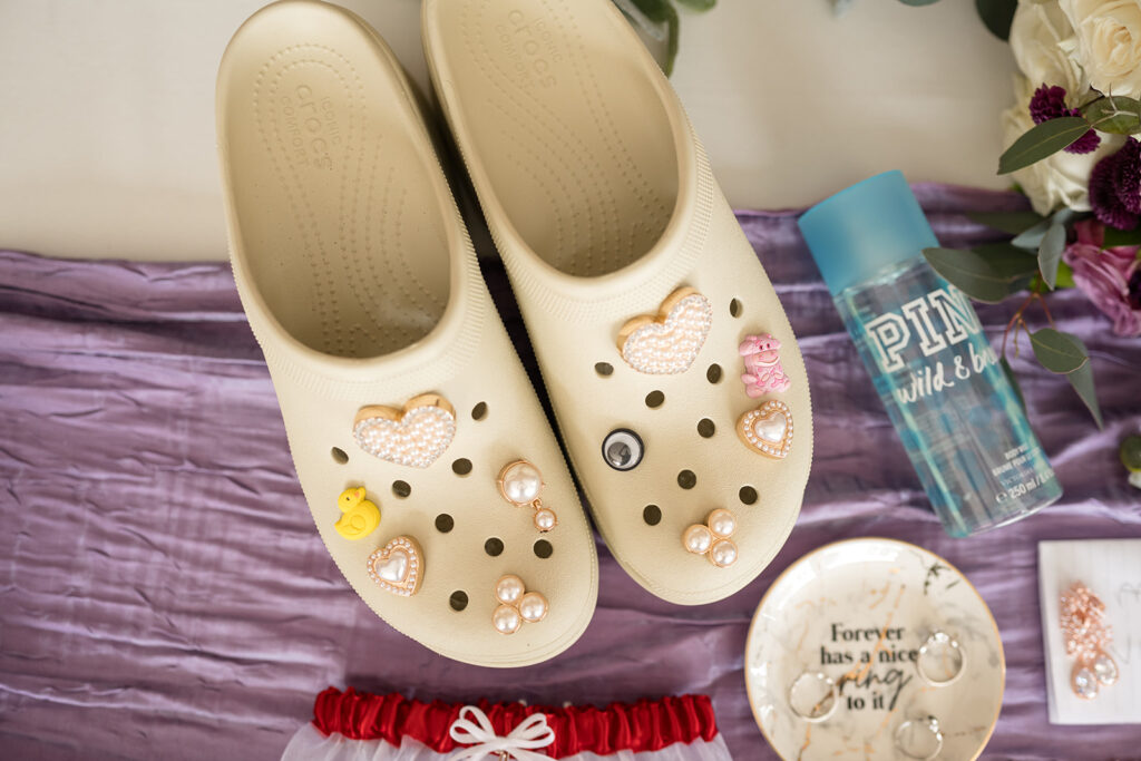 unique wedding crocs with pearl accents